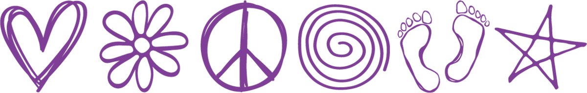 Six hand drawn purple symbols in a row: a heart, a daisy, a peace sign, a spiral, a pair of footprints, and a star.