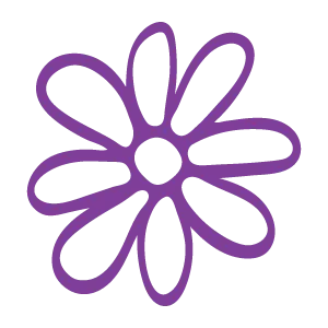 Hand drawn purple daisy flower symbol, loose sketchy line style.