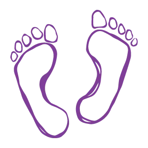 Hand drawn purple footprints symbol, loose sketchy line style.