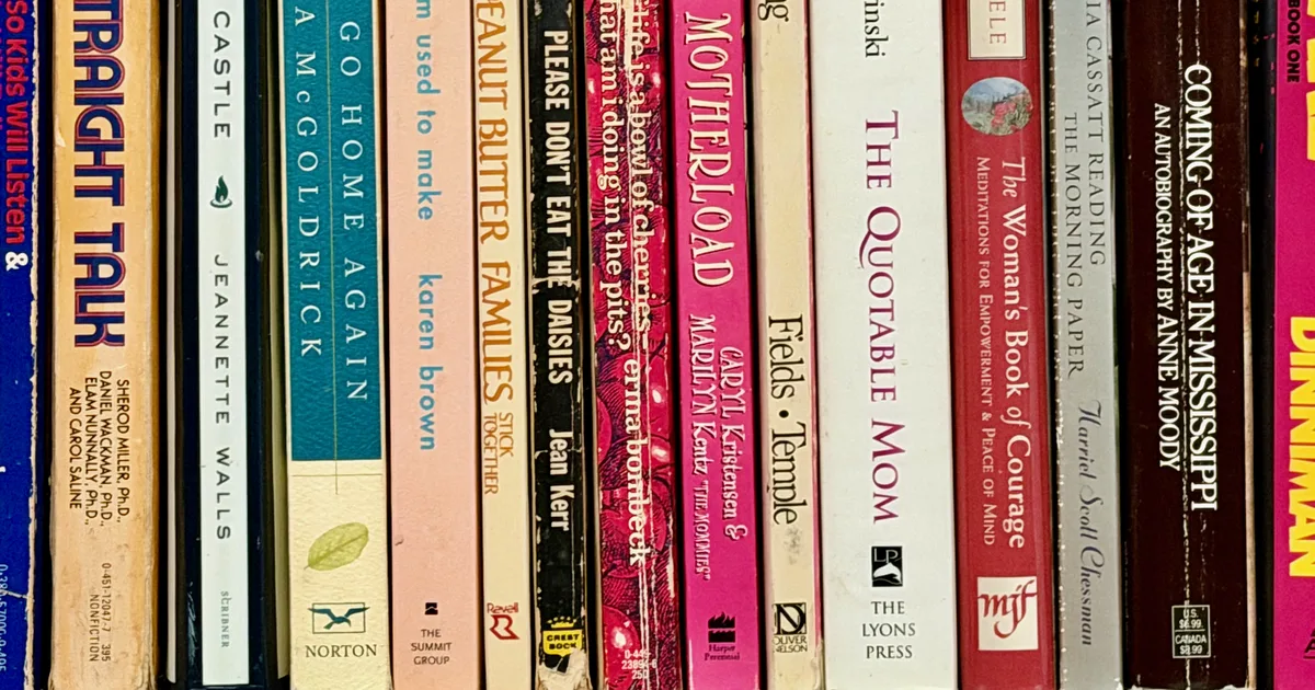 A row of book spines on a shelf, showing a mix of memoirs, parenting books, and nonfiction titles.